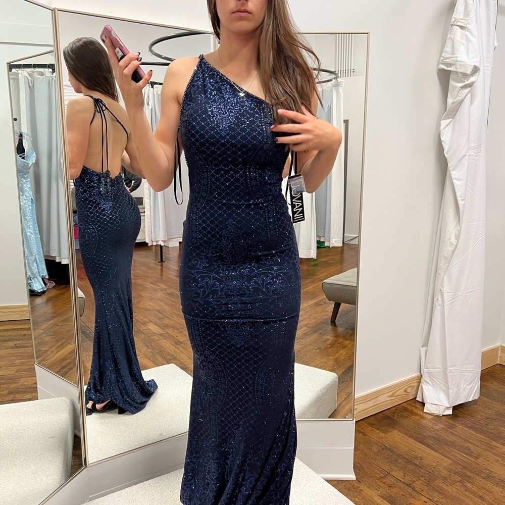 Jovani 06734 Lilac One Shoulder Bodycon Jersey Prom dress, Size 0, Navy blue.